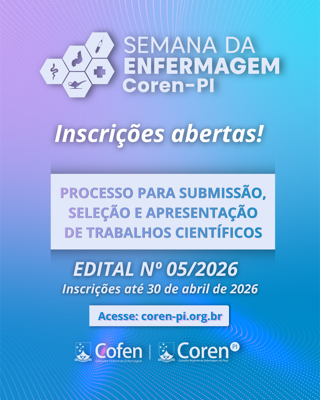 Coren-PI divulga edital científico da Semana de Enfermagem 2026 e abre inscrições para submissão de trabalhos