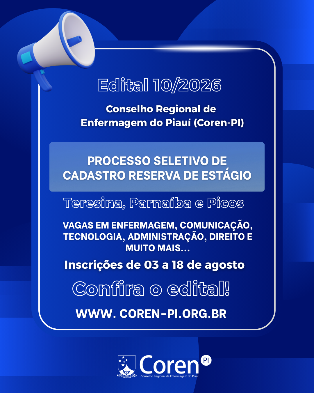 Coren-PI divulga Edital nº 10/2026 para formação de cadastro de reserva de estagiários