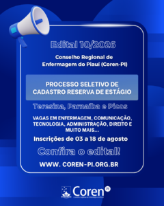 Coren-PI divulga Edital nº 10/2026 para formação de cadastro de reserva de estagiários