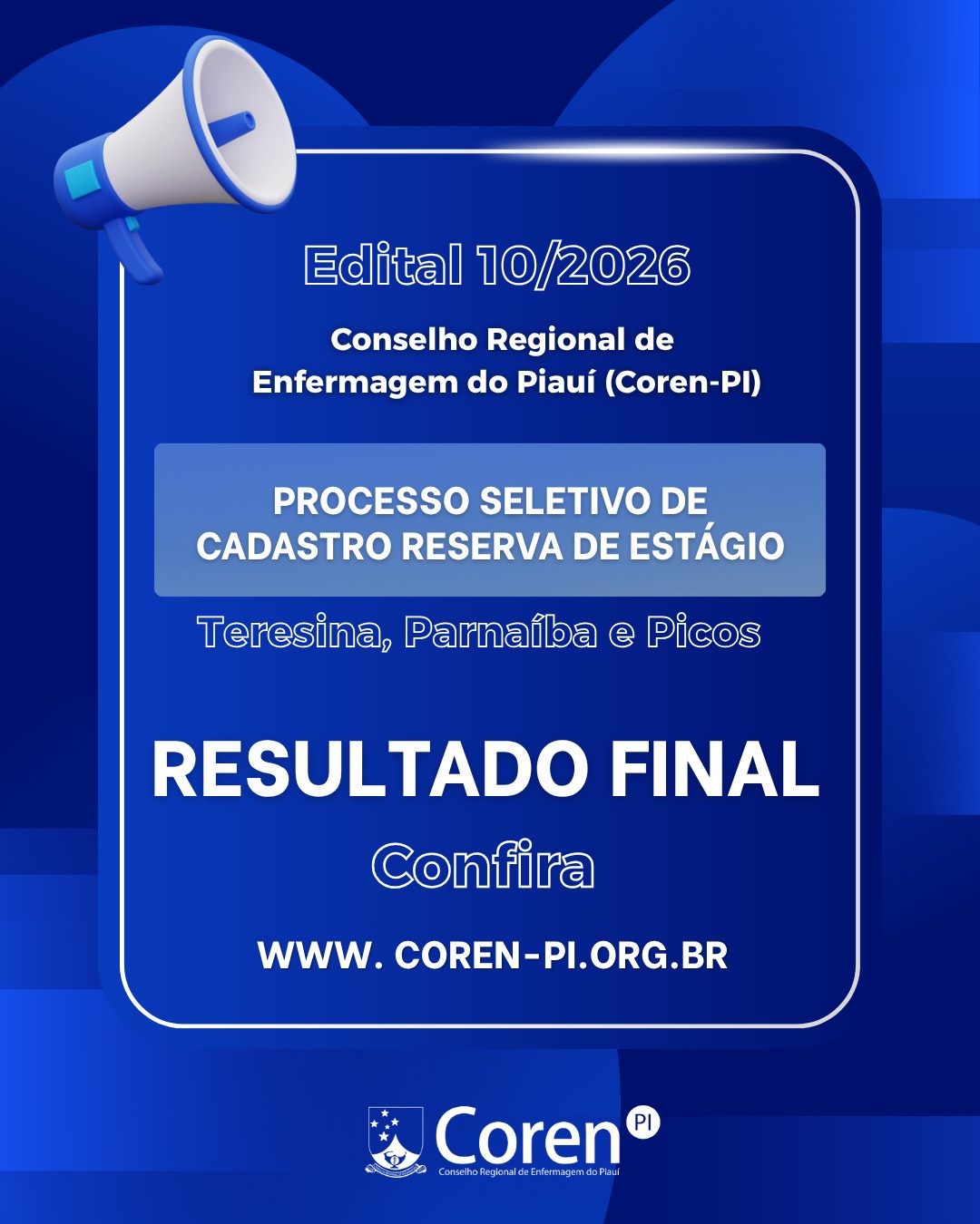 Coren-PI divulga resultado final de Processo Seletivo para cadastro de reserva de estagiários